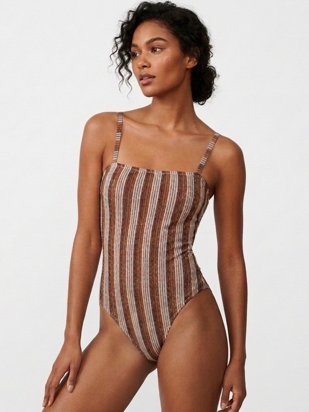 Aerie Sparkle Bandeau One Piece Swimsuit Blue Mist Striped Brown
Lurex